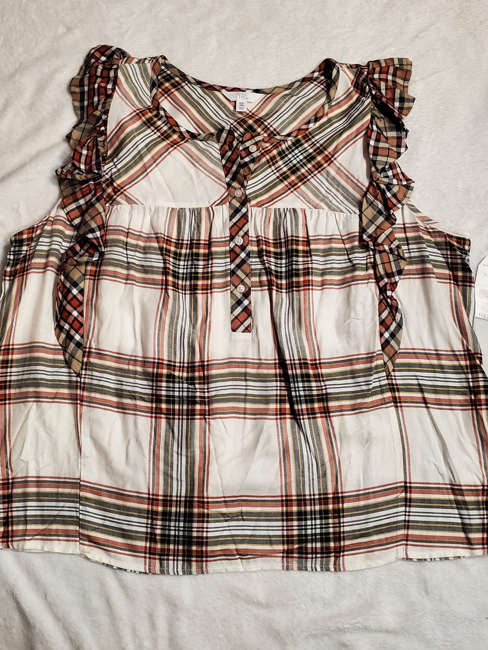 Time and Tru White Plaid Ruffle Sleeveless Top - Rust & Olive - Picture 3 of 6